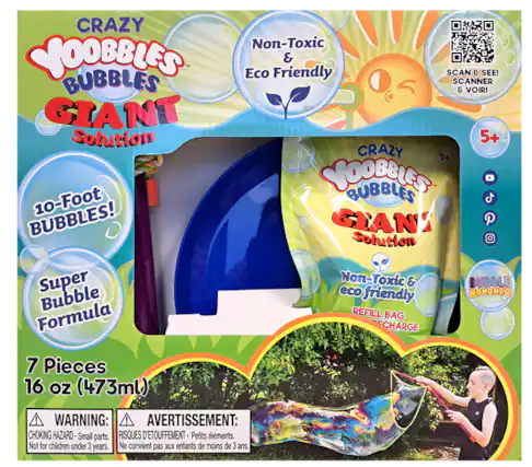 Crazy Non-Toxic YOOBBLES & Eco Friendly SCAN & SEE! BUBBLES SCANNER & VOIR! GIANT Solution 5+ CRAZY 5+ VOOBBLESS BUBBLES 10-Foot BUBBLES! GIANI P Solution Super Non-Toxic & BUBBLE eco friendly BONANZA Bubble REFILL Formula BAG ECHARGE 7 Pieces 16 OZ (473ml) WARNING: AVERTISSEMENT: CHOKING HAZARD- Small parts. RISQUES D'ETOUFFEMENT Petits lments. Not for children under 3 years. Ne convient pas aux enfants de moins de 3 ans