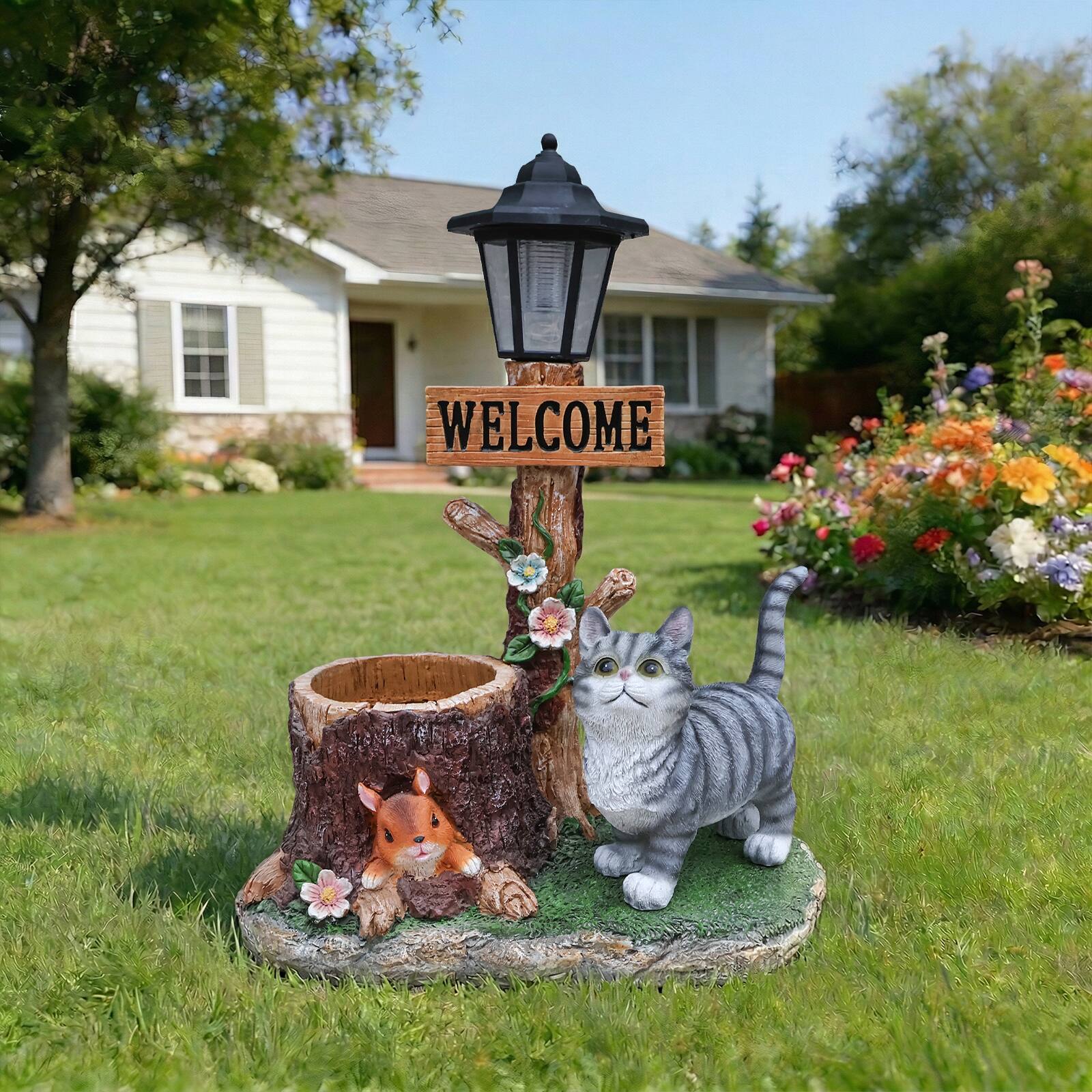 Left. Anysun - Cat Solar Planter Statue for Outdoor Decor – Cute Garden Sculpture with Built‑In LED Light and Flower Pot - Brown.