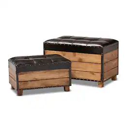 Baxton Studio - Marelli Rustic Faux Leather Upholstered 2-Piece Wood Storage Trunk Ottoman Set - Dark Brown/Golden Oak