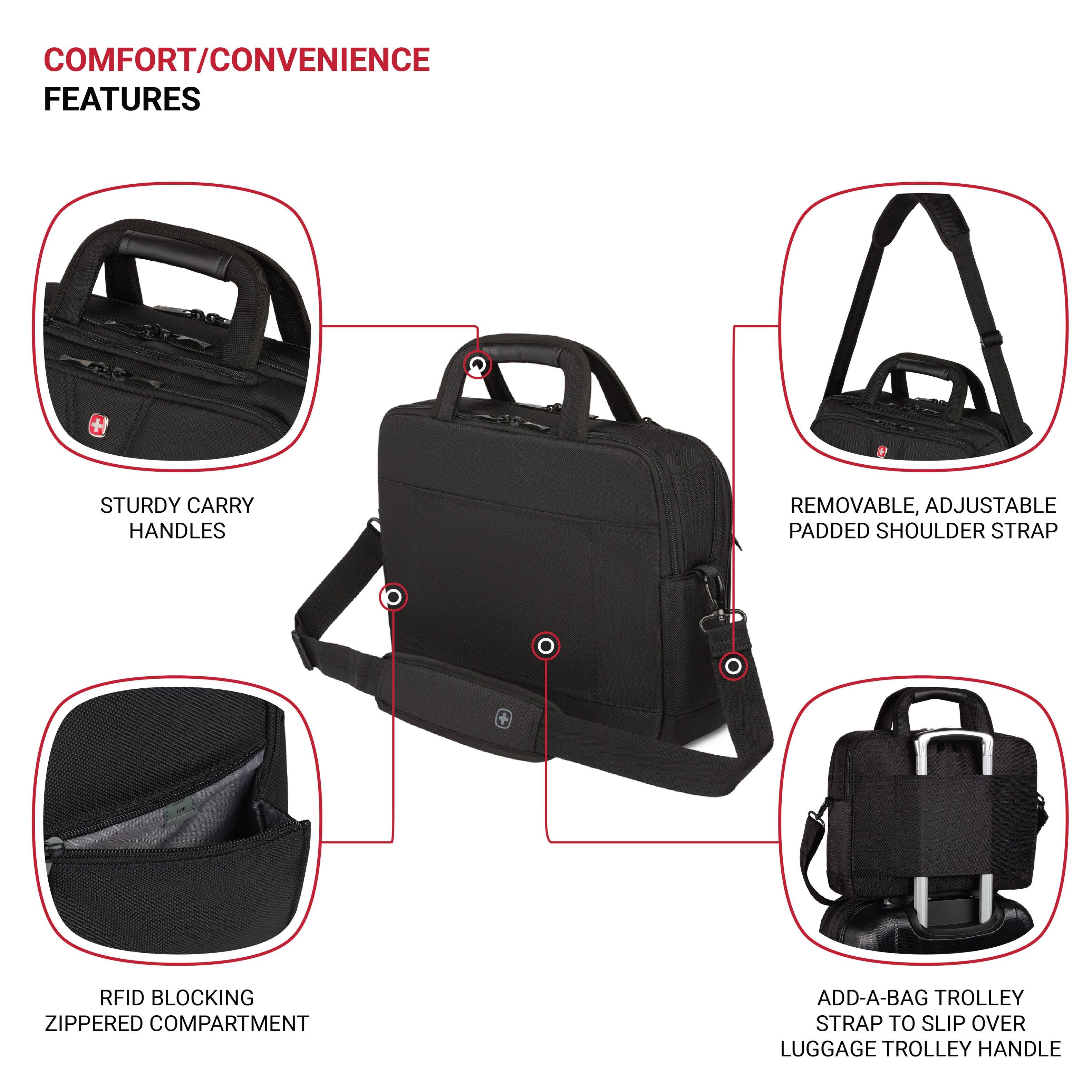 The image features a black backpack with various features that provide comfort and convenience. These features include sturdy carry handles, a removable and adjustable padded shoulder strap, RFID blocking, a zippered compartment, and an add-a-bag trolley strap to slip over luggage. The backpack is designed to be practical and user-friendly, making it an ideal choice for travelers and commuters.