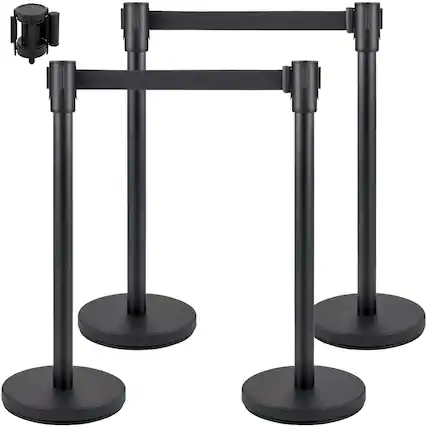 Front. VEVOR - Crowd Control Stanchion, Set of 4 Pieces Stanchion Set, Stanchion Set with 6.6 ft/2 m Black Retractable Belt - Black.