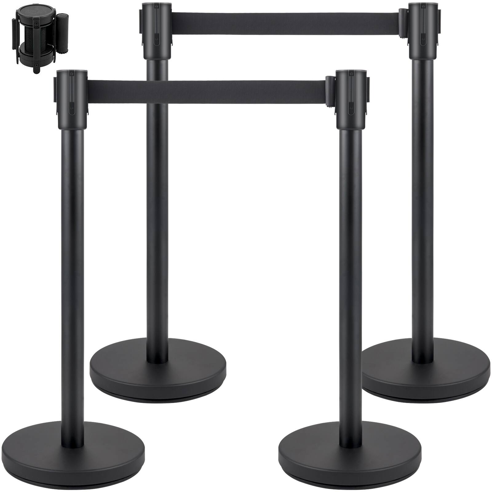 Front. VEVOR - Crowd Control Stanchion, Set of 4 Pieces Stanchion Set, Stanchion Set with 6.6 ft/2 m Black Retractable Belt - Black.