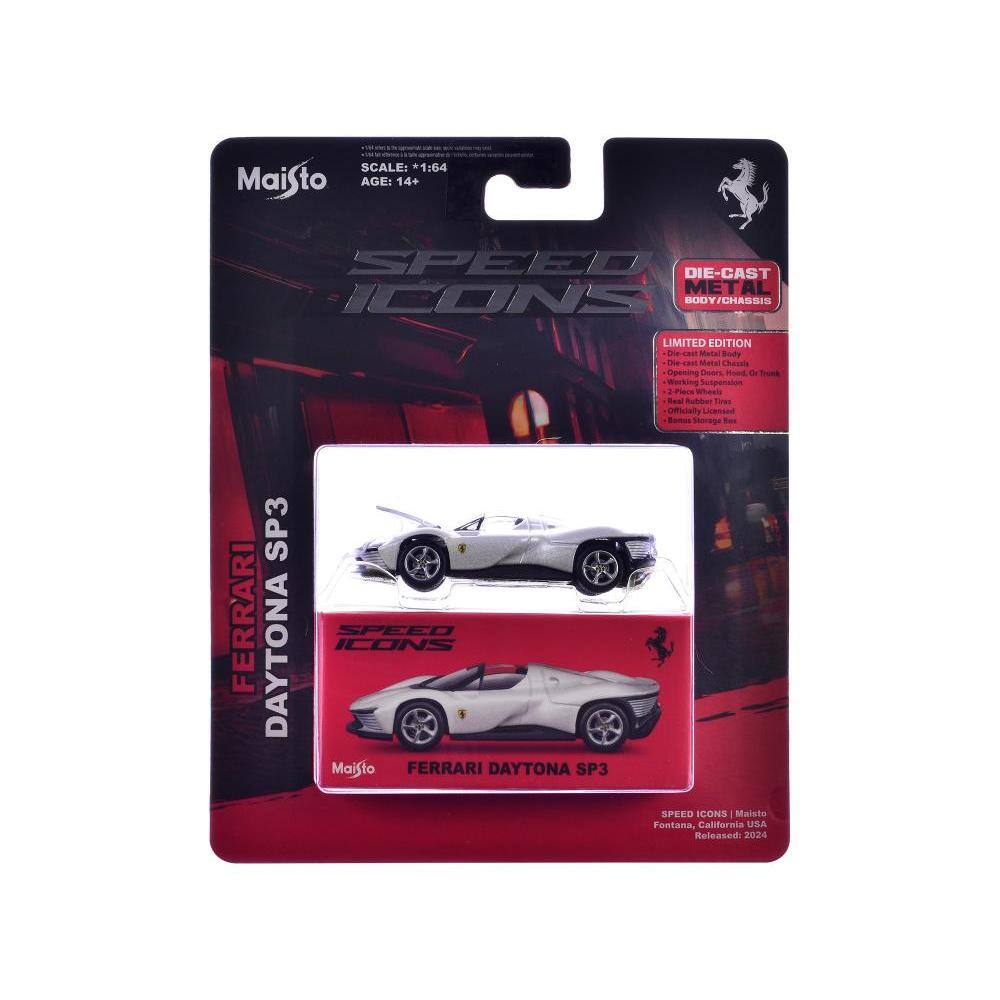 Sure, here is the corrected and grouped text from the image:

---

**SCALE:** 1:64  
**AGE:** 14+  

**SPEED ICONS**  
**FERRARI DAYTONA SP3**  

**DIE-CAST METAL BODY/CHASSIS**  
**LIMITED EDITION**  
- Die-cast Metal Chassis  
- Working Suspension  
- Real Rubber Tires  
- Officially Licensed  

**FERRARI DAYTONA SP3**  
**SPEED ICONS**  
**Maisto**  
**Fontana, California USA**  
**Released: 2024**  

---