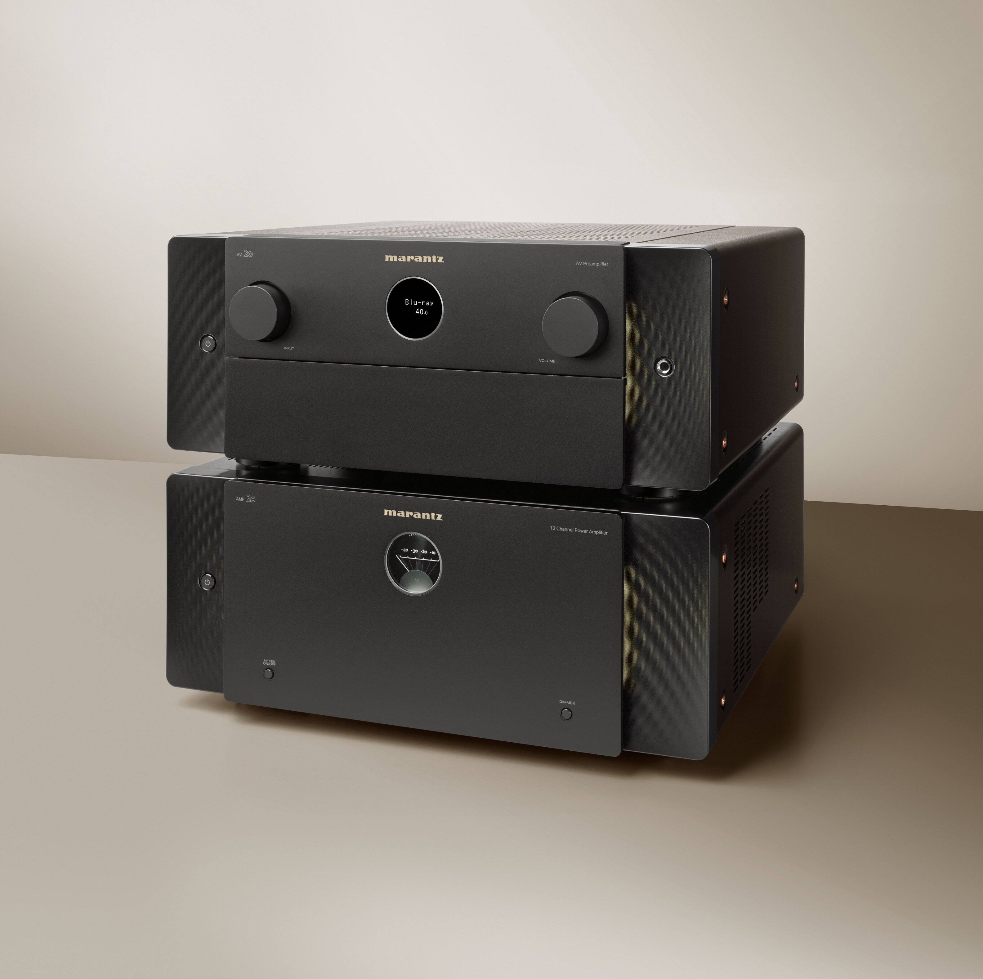 There are three Marantz amplifiers stacked on top of each other.