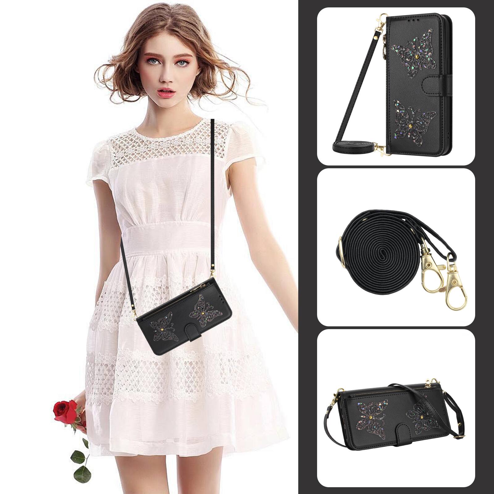 Alt View 1. Dteck - for Apple iPhone 16e/17e Flip Wallet Case,Glitter Butterfly Zipper Pocket PU Leather Phone Cover with Crossbody Strap - Black.