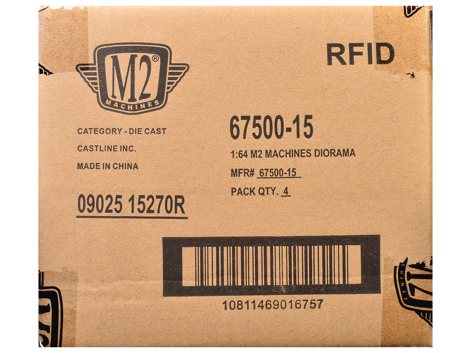 M2 MACHINES  
CATEGORY - DIE CAST  
CASTLINE INC.  
MADE IN CHINA  
RFID  
67500-15  
1:64 M2 MACHINES DIORAMA  
MFR# 67500-15  
PACK QTY. 4  
09025 15270R  
10811469016757