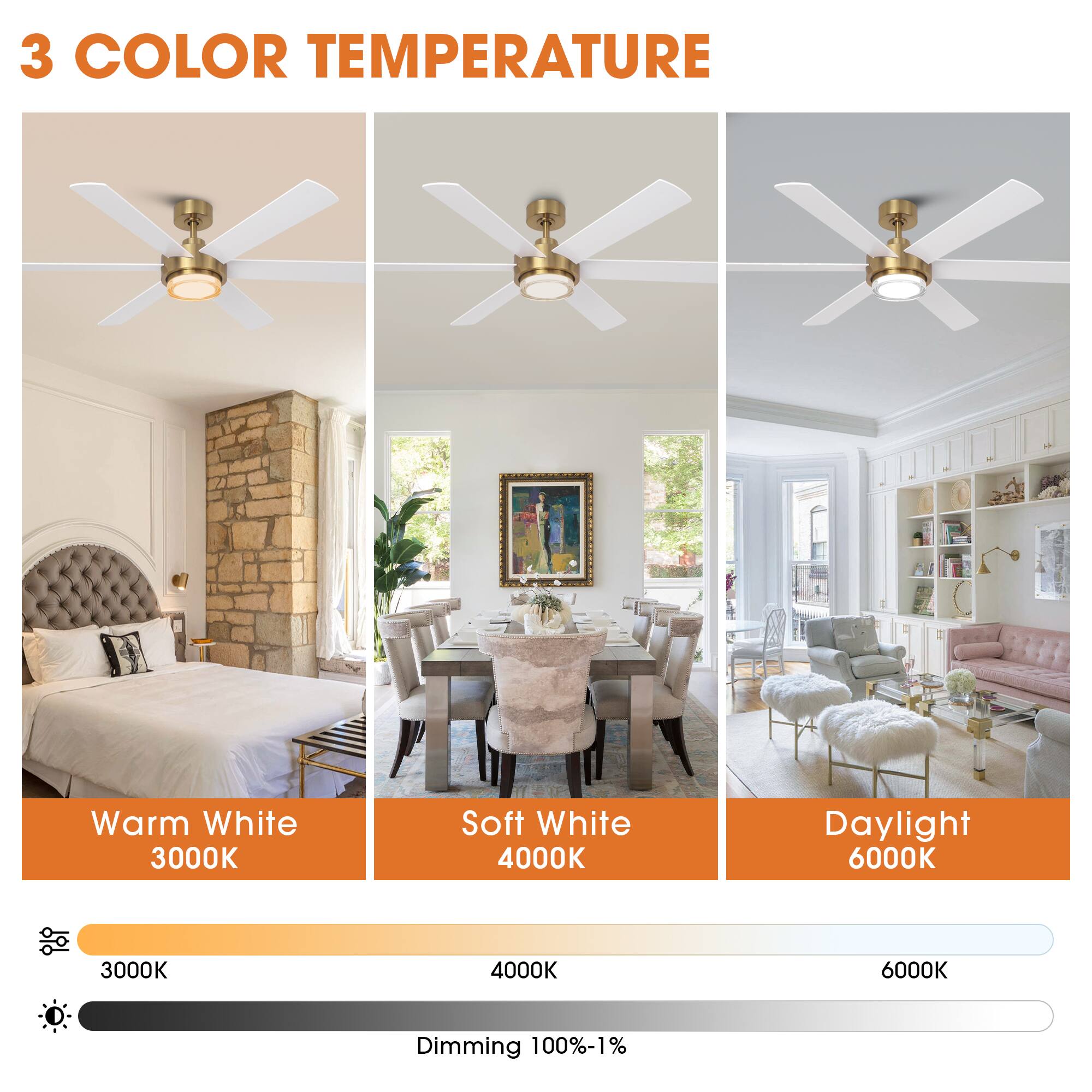 3 COLOR TEMPERATURE

Warm White 3000K  
Soft White 4000K  
Daylight 6000K  

Dimming 100%-1%
