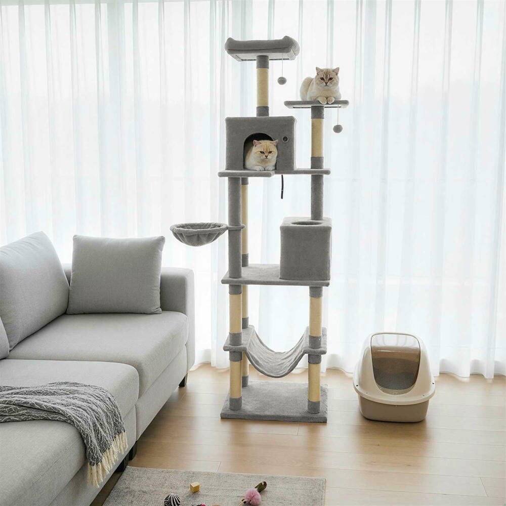 Left. Kadyn - 80-Inch Tall Large Cat Tree with Two Big Condos and Hanging Toys, Light Gray - Gray.