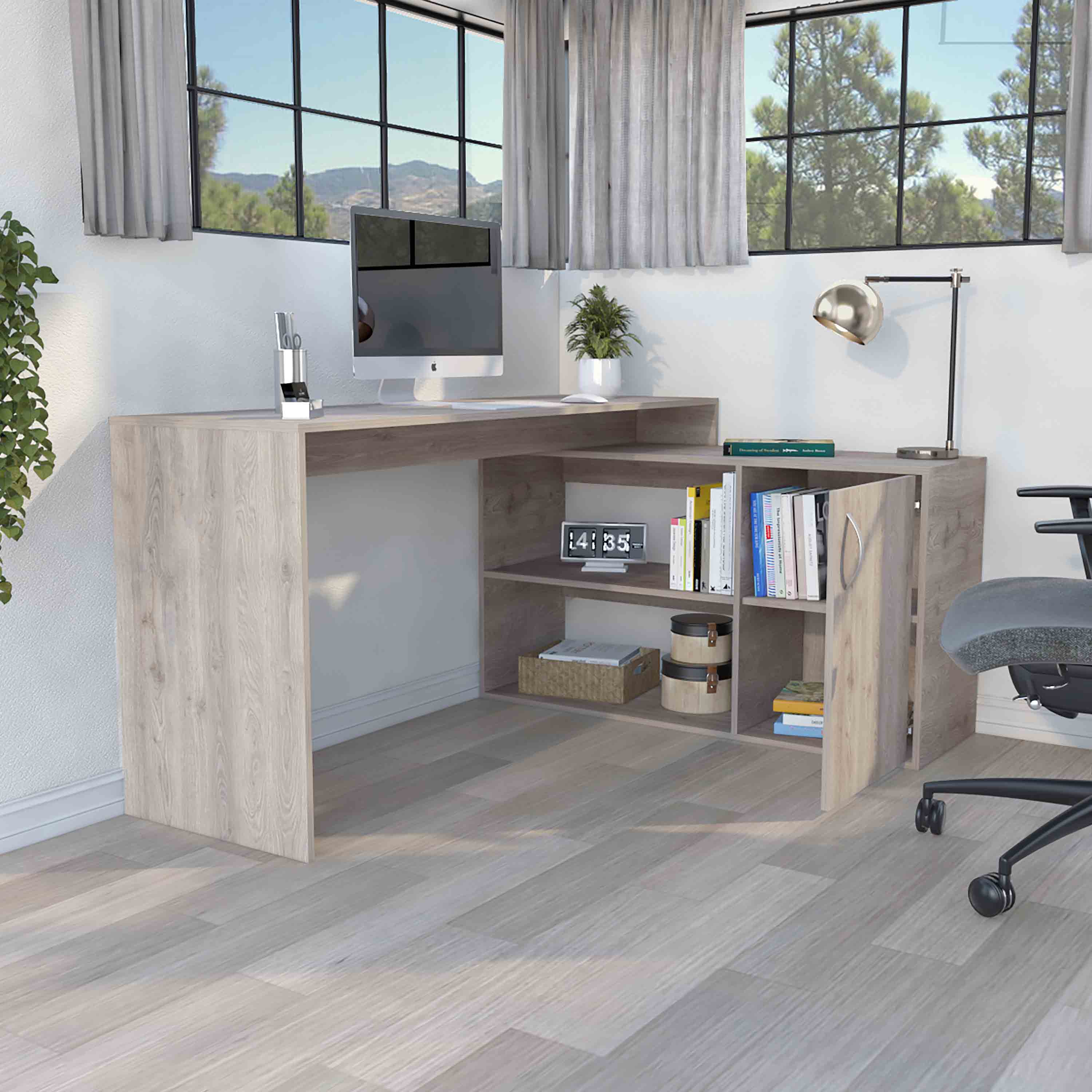 APRILSOUL - Axis Modern L-Shaped Computer Desk with Open and Closed Storage -Light - Gray