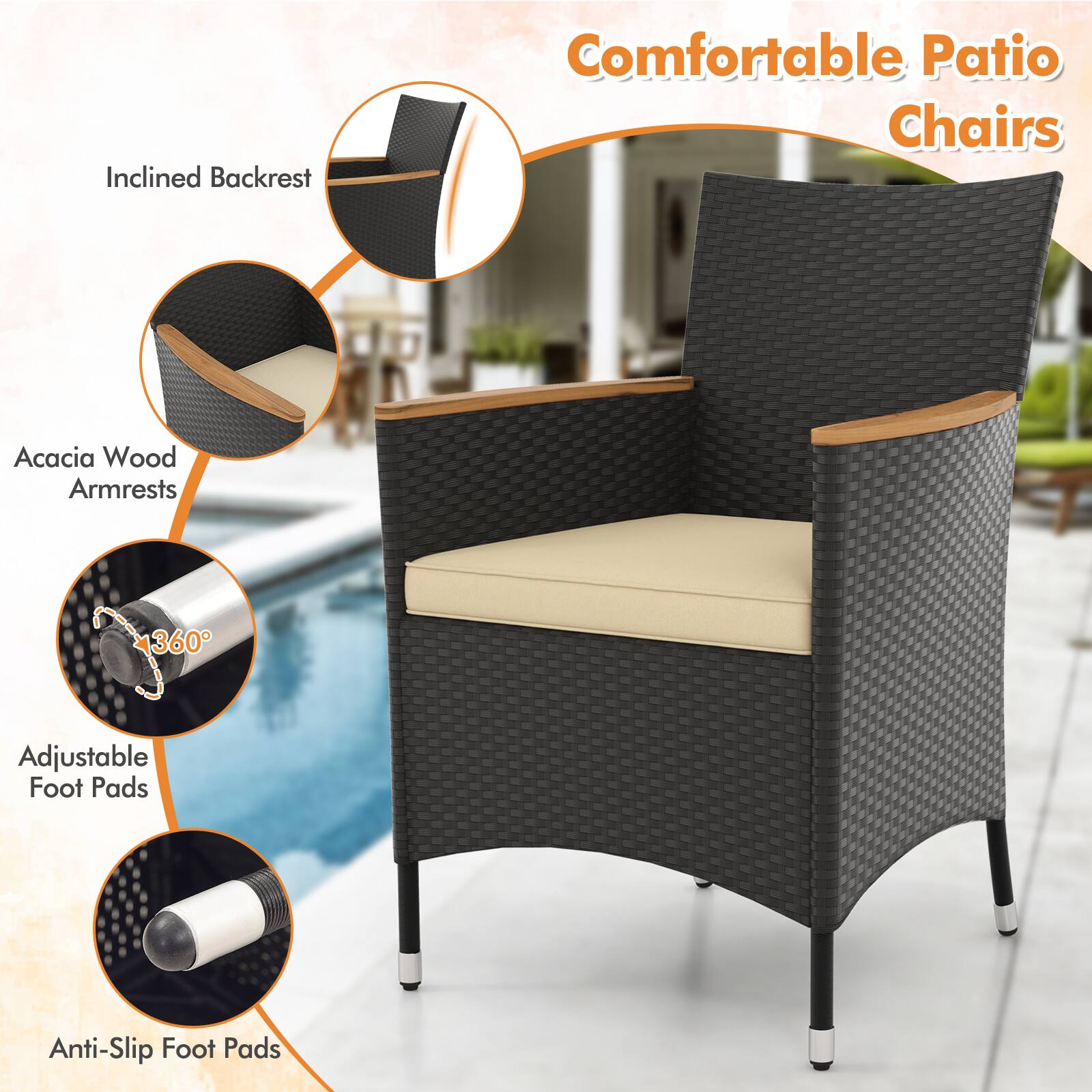 Comfortable Patio Chairs

- Inclined Backrest
- Acacia Wood Armrests
- 360° Adjustable Foot Pads
- Anti-Slip Foot Pads