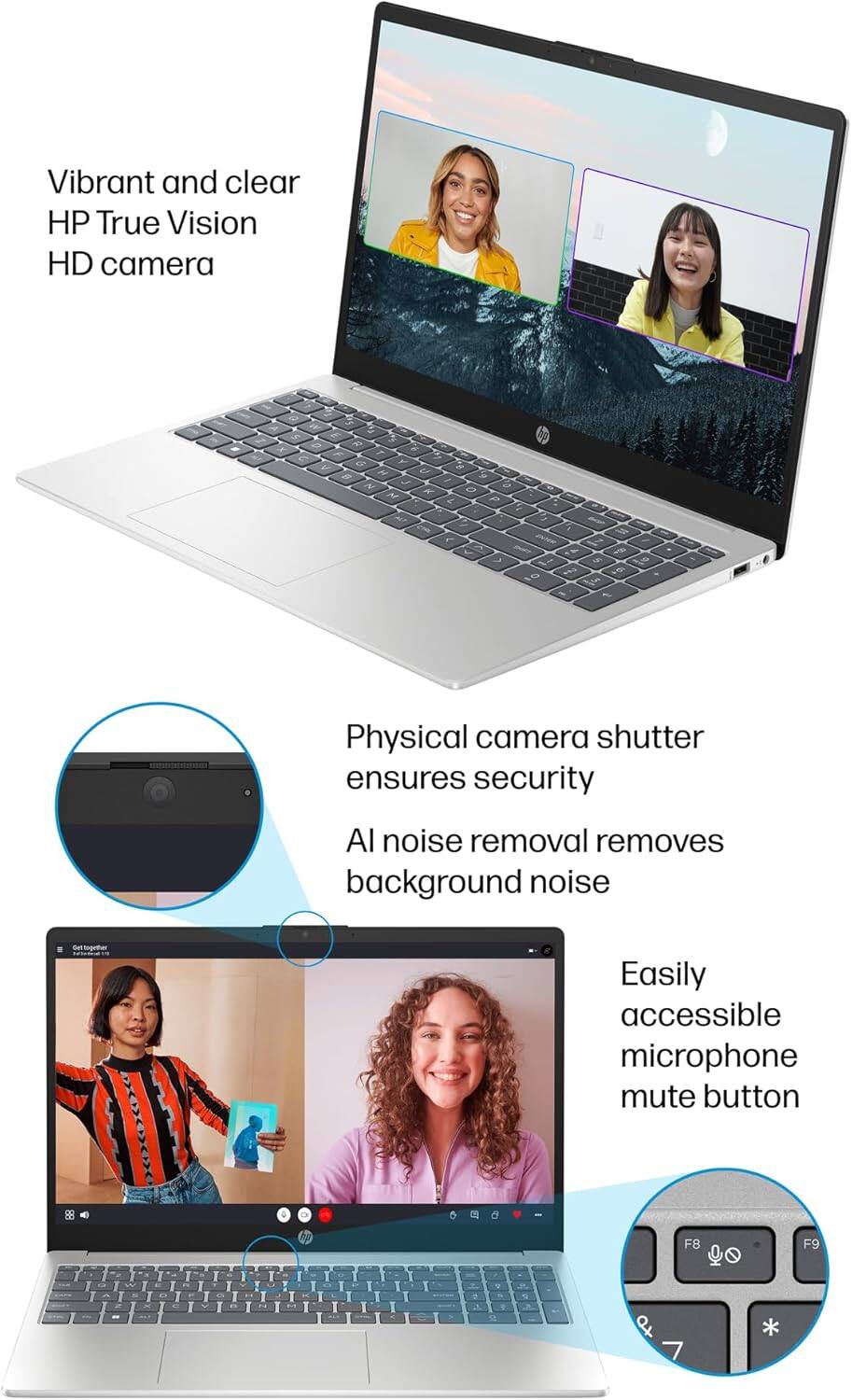 Vibrant and clear HP True Vision HD camera

Physical camera shutter ensures security

AI noise removal removes background noise

Easily accessible microphone mute button (F8 and F9)