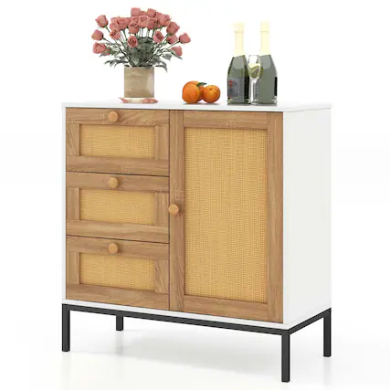 Front. Costway - Rattan Buffet Sideboard with 3 Drawers & 1 Door Sturdy Metal Legs Storage Cabinet - White + Natural + Black.