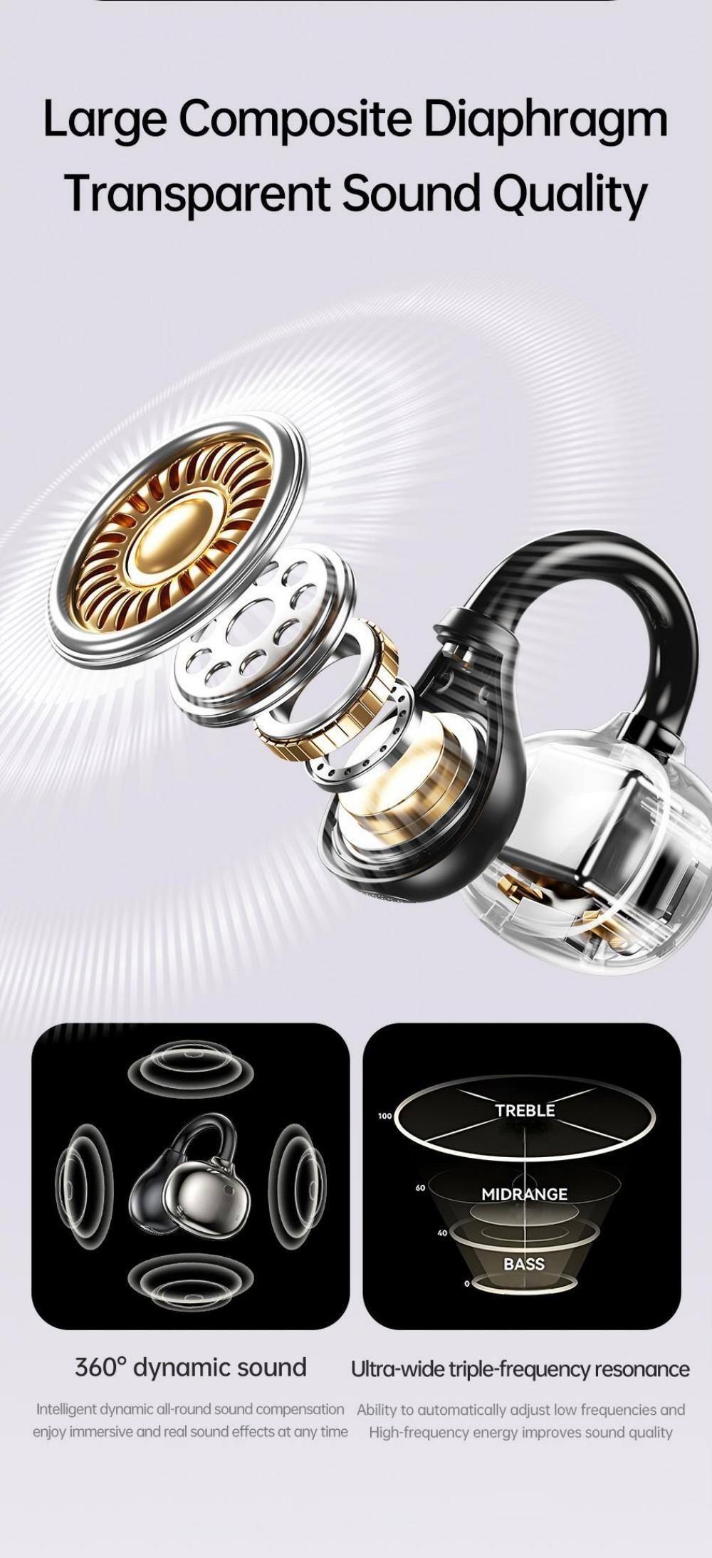 Large Composite Diaphragm Transparent Sound Quality

100 TREBLE  
40 MIDRANGE  
360 BASS

360° dynamic sound  
Intelligent dynamic all-round sound compensation  
Ability to automatically adjust low frequencies and enjoy immersive and real sound effects at any time

Ultra-wide triple-frequency resonance  
High-frequency energy improves sound quality