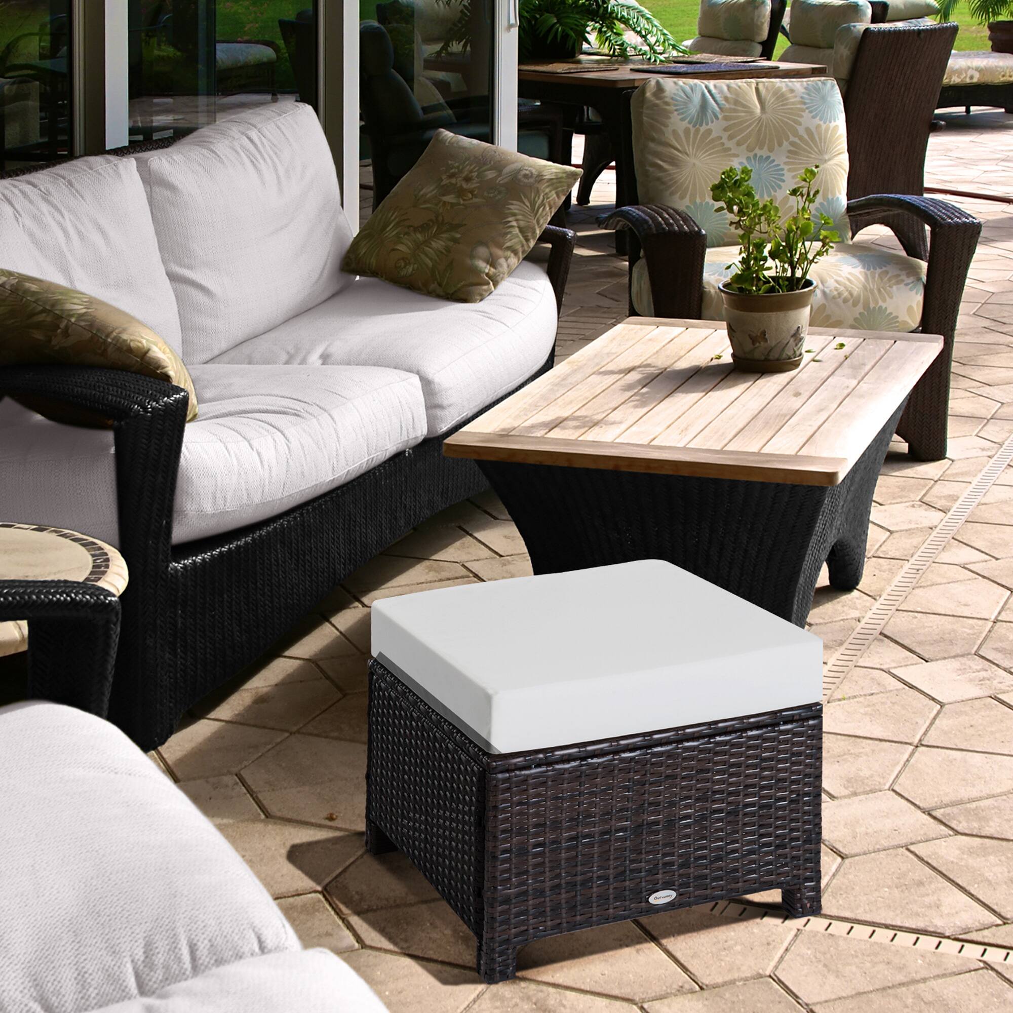 Alt View 1. Outsunny - 20" Patio Wicker Ottoman, Multipurpose Outdoor PE Rattan Footrest, Additional Seating, Side Table with Soft Cushion - Brown.