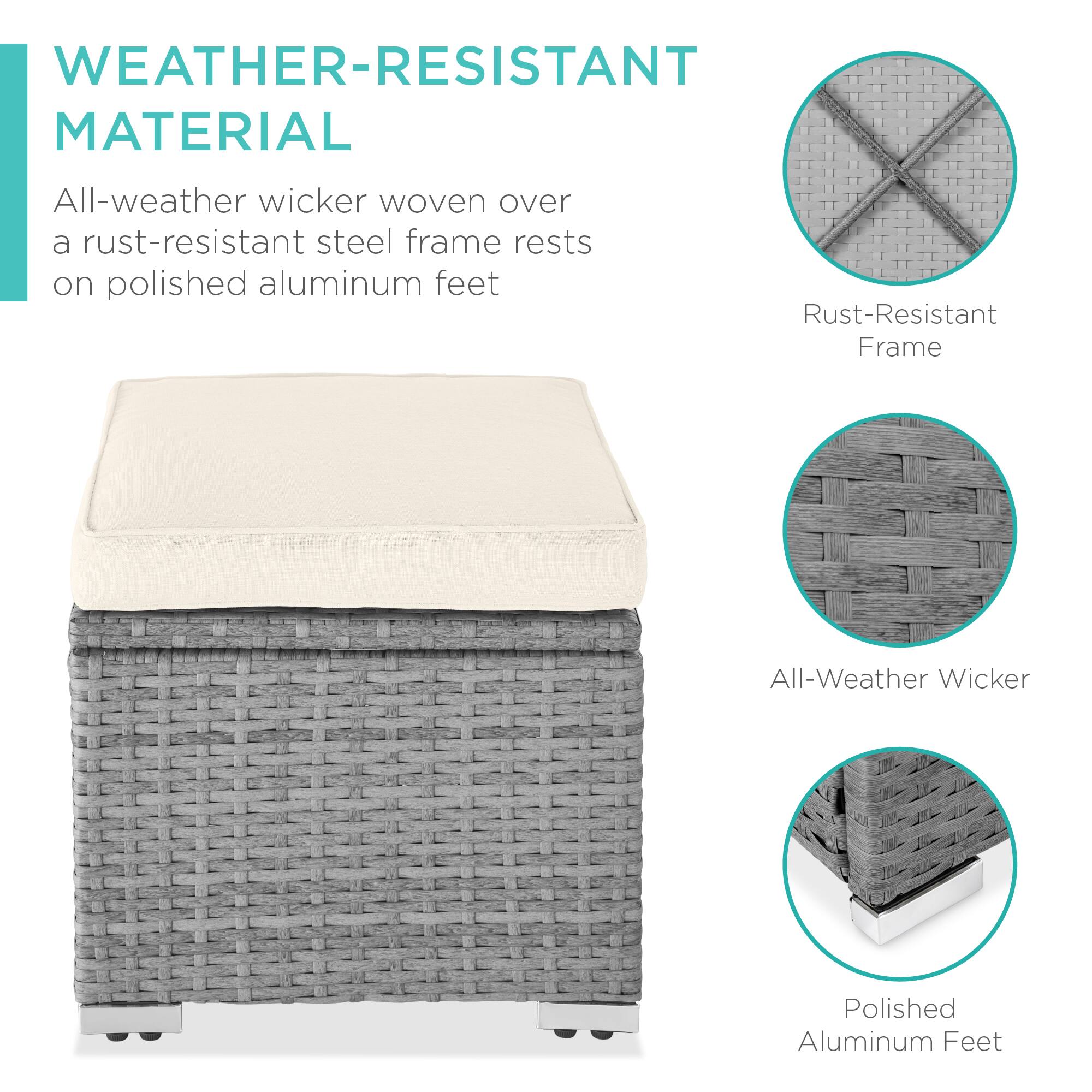 WEATHER-RESISTANT MATERIAL

All-weather wicker woven over a rust-resistant steel frame rests on polished aluminum feet

- Rust-Resistant Frame
- All-Weather Wicker
- Polished Aluminum Feet