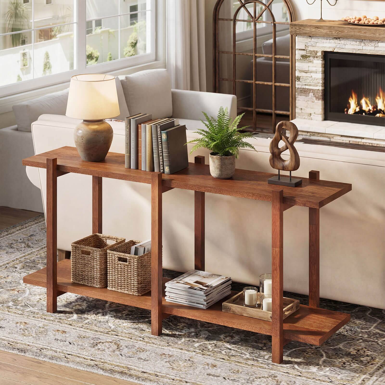 Alt View 3. Costway - Costway 2-Tier Wood Bookshelf, Low Horizontal Rubberwood Bookcase for Storage & Display - Walnut.