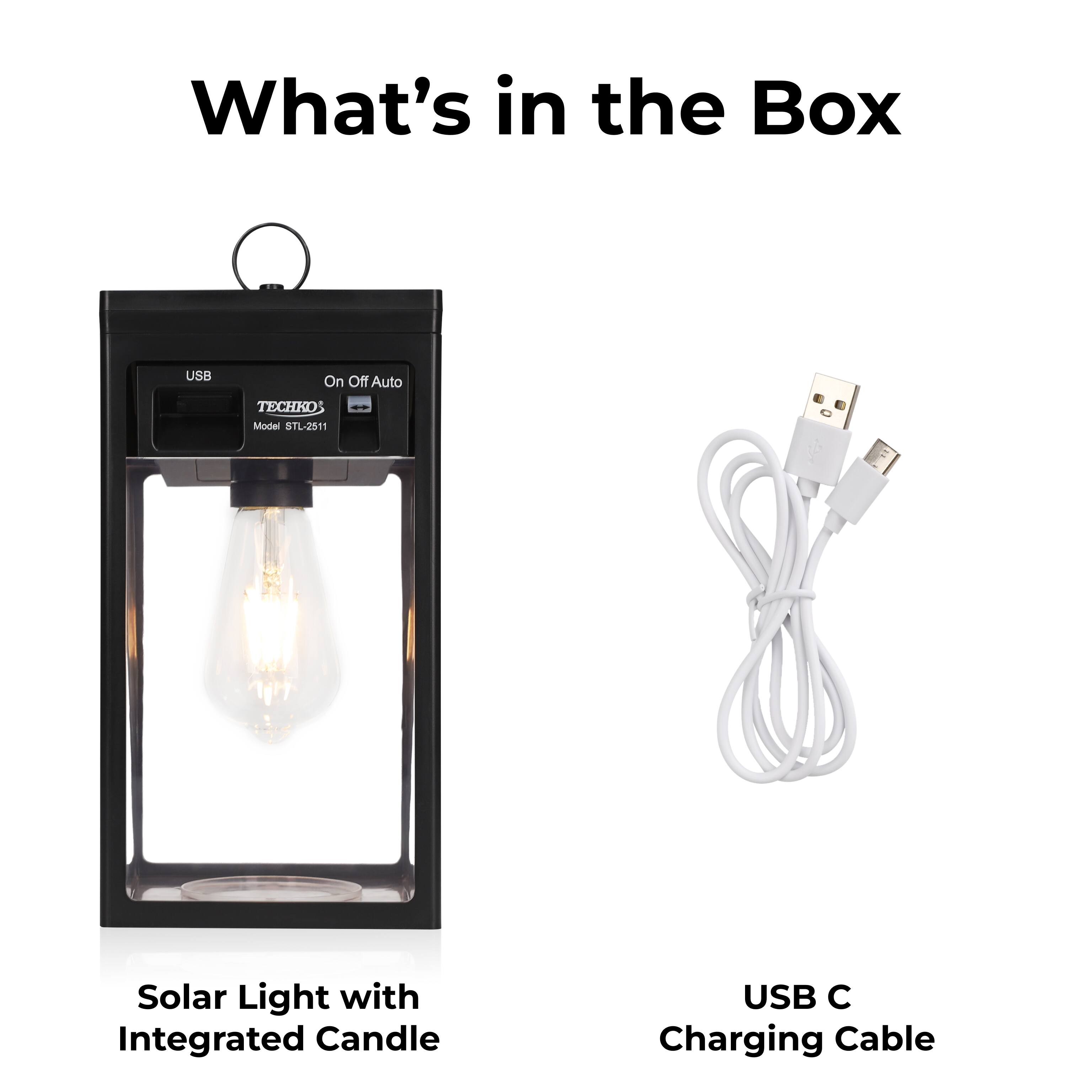 What's in the Box

Solar Light with Integrated Candle
USB Charging Cable
