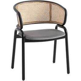 LeisureMod - Ervilla Mid-Century Modern Dining Arm Chair, Velvet Upholstered Seat with Rattan Back & Metal Base - Gray