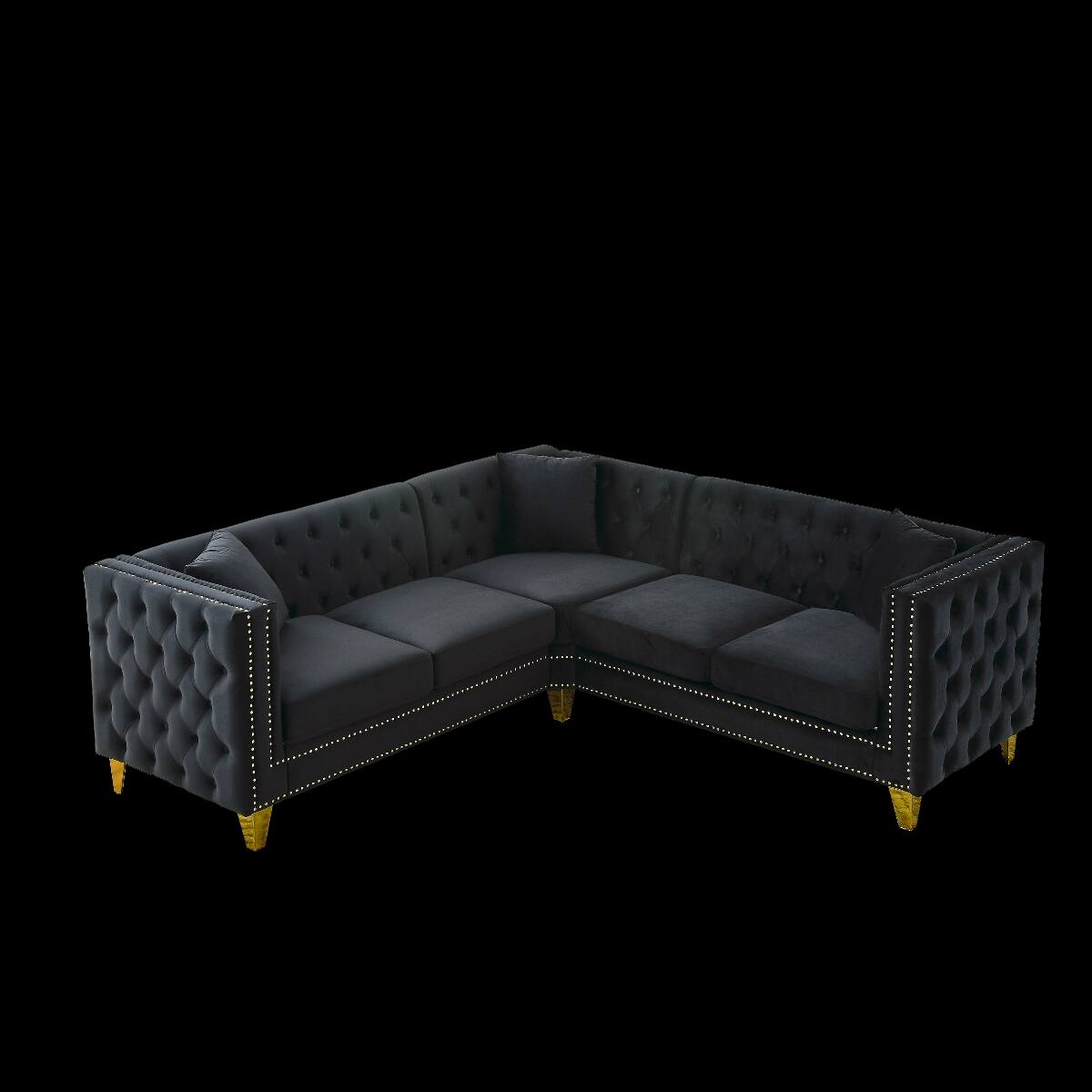 Alt View 8. Ropilly - Ropilly Velvet Corner Sofa, L Shaped Sectional Couch, Black 5 Seater Chesterfield Style Sofa - Black.