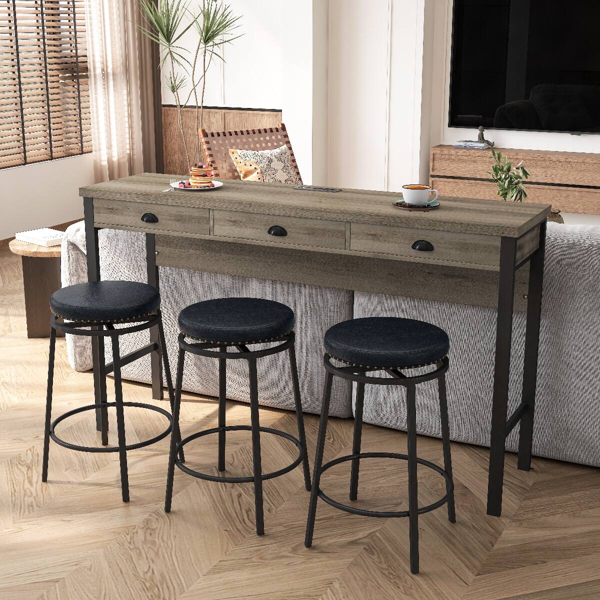 Left. Loheer - Loheer Dining Table Set With Three Stools and Tabletop Power Outlets, Brown Gray and Black - Brown Gray Table and Black Stool.