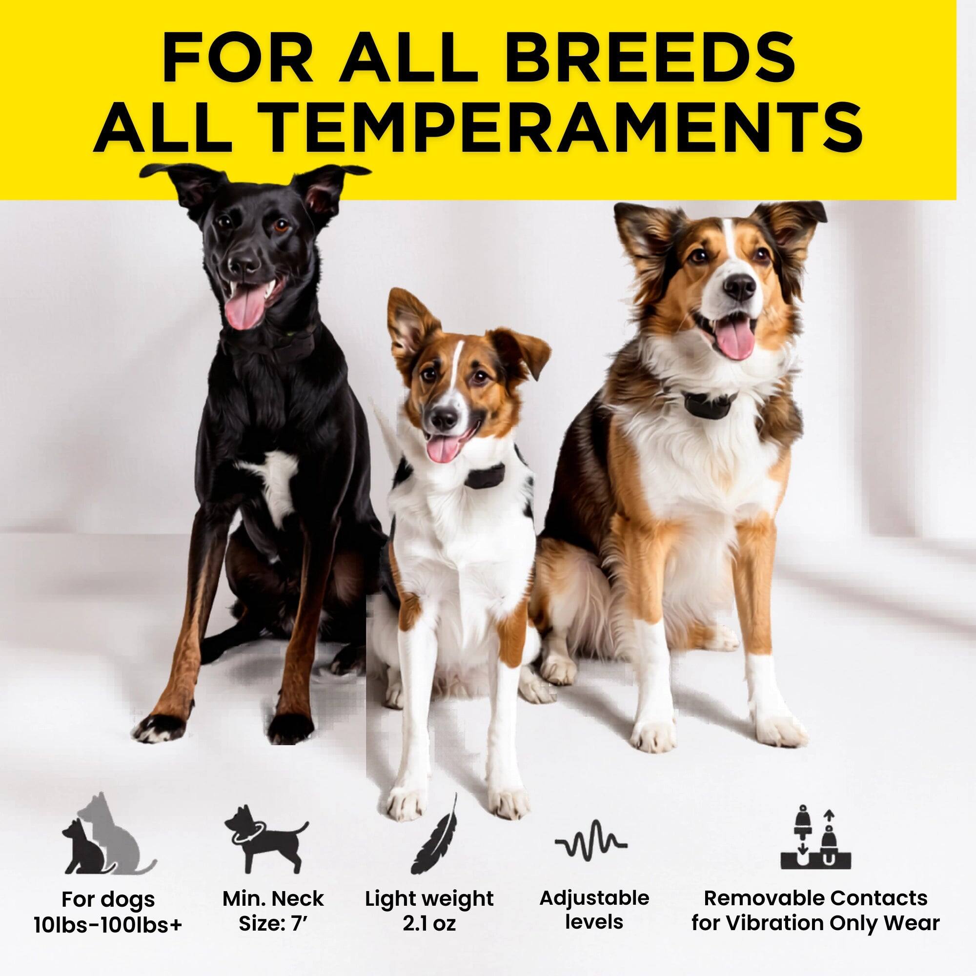 FOR ALL BREEDS ALL TEMPERAMENTS

For dogs
Min. Neck Size: 7"
Light weight 2.1 oz
Adjustable levels
Removable Contacts for Vibration Only Wear
