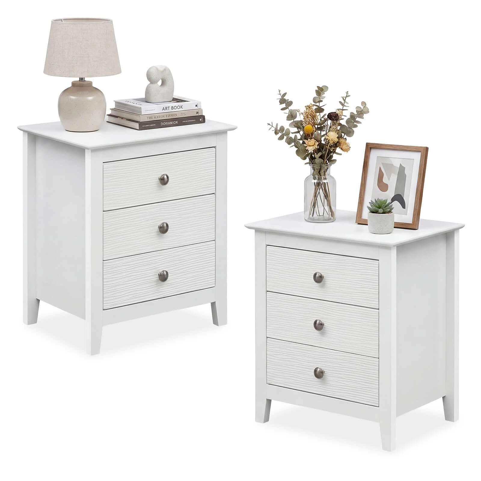 Costway - 2PCS Nightstand, Farmhouse 3-Drawer Night Stand with Wood Grain Accents Sleek Knobs - White