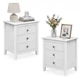 Costway - 2PCS Nightstand, Farmhouse 3-Drawer Night Stand with Wood Grain Accents Sleek Knobs - White