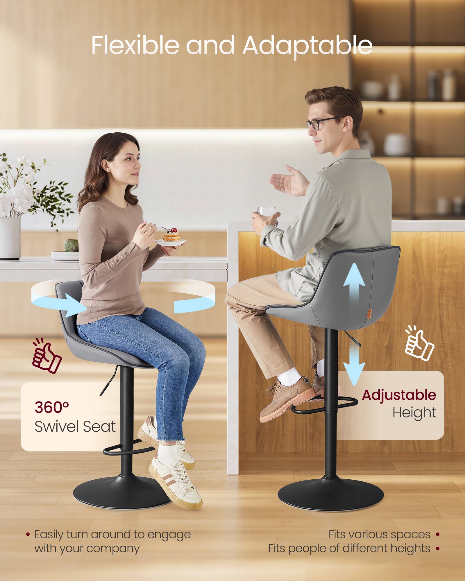 Flexible and Adaptable

- 360° Swivel Seat
  - Easily turn around to engage with your company

- Adjustable Height
  - Fits various spaces
  - Fits people of different heights