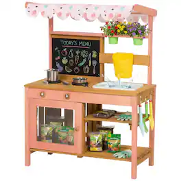 Qaba - Mud Kitchen with Canopy, Outdoor Wooden Play Kitchen with Planter Box - Pink