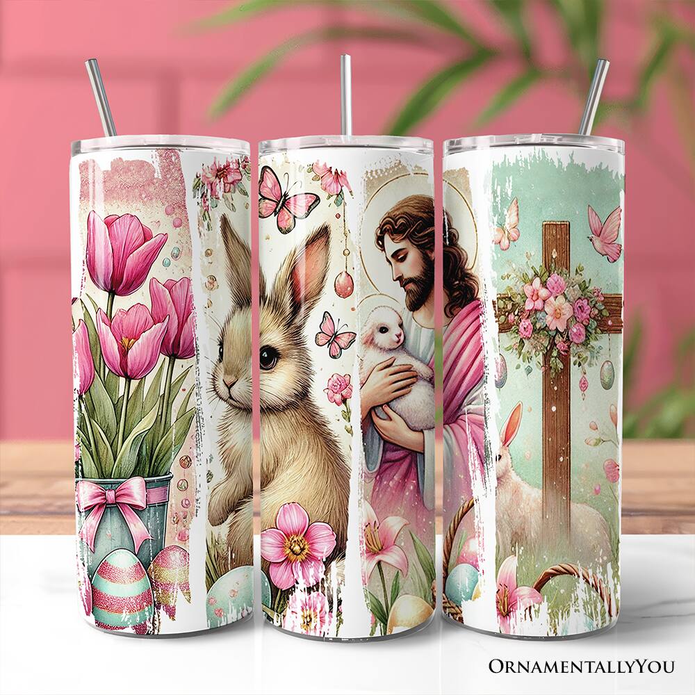 Back. OrnamentallyYou - Pink Jesus and Bunny 20oz Tumbler With Stainless Steel Straw, Easter Brushstrokes Spring Gift Cup - Multicolored.