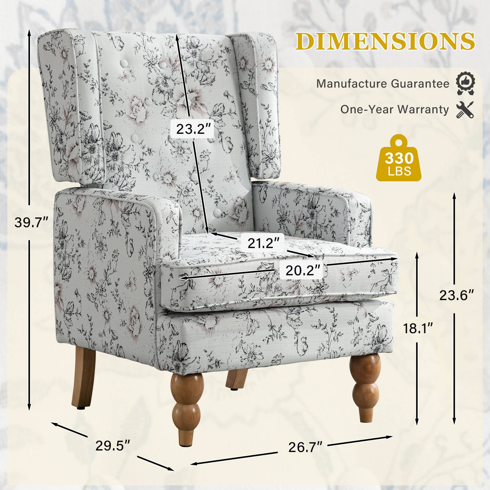 DIMENSIONS: Manufacturer's Guarantee, One-Year Warranty, 330 LBS, 39.7" x 21.2" x 20.2" x 23.6" x 18.1" x 29.5" x 26.7".