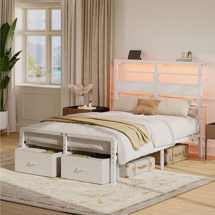 Front. Pinmoco - Pinmoco - LED Storage Bed Platform Bed Frame with 2/3 Drawers Charging Station and Adjustable Height - White.