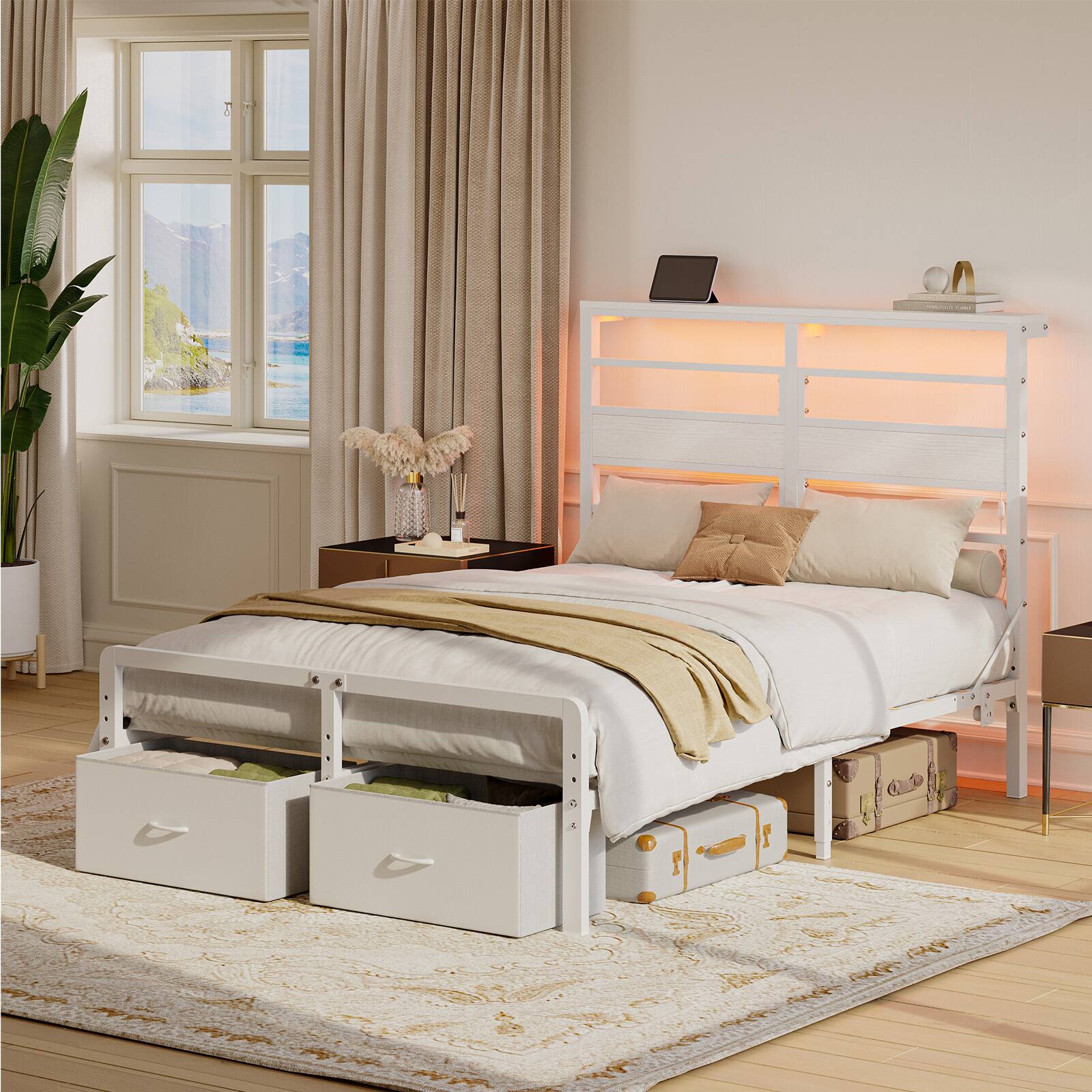 Front. Pinmoco - Pinmoco - LED Storage Bed Platform Bed Frame with 2/3 Drawers Charging Station and Adjustable Height - White.