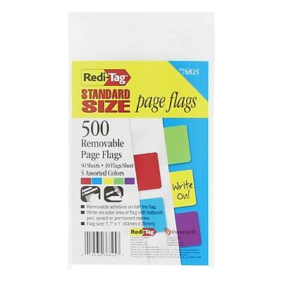 76825 Redi-Tag STANDARD SIZE page flags  
500 Removable Page Flags  
50 Sheets x 10 Sheets  
5 Assorted Colors  
Write On!  
Removable adhesive on half the flag  
Write on color area of flag with ballpoint pen, pencil, or permanent marker  
Flag size: 1 7/8 x 1 1/4 (43mm x 25mm)  
Redi Tag DIVERMID 12334