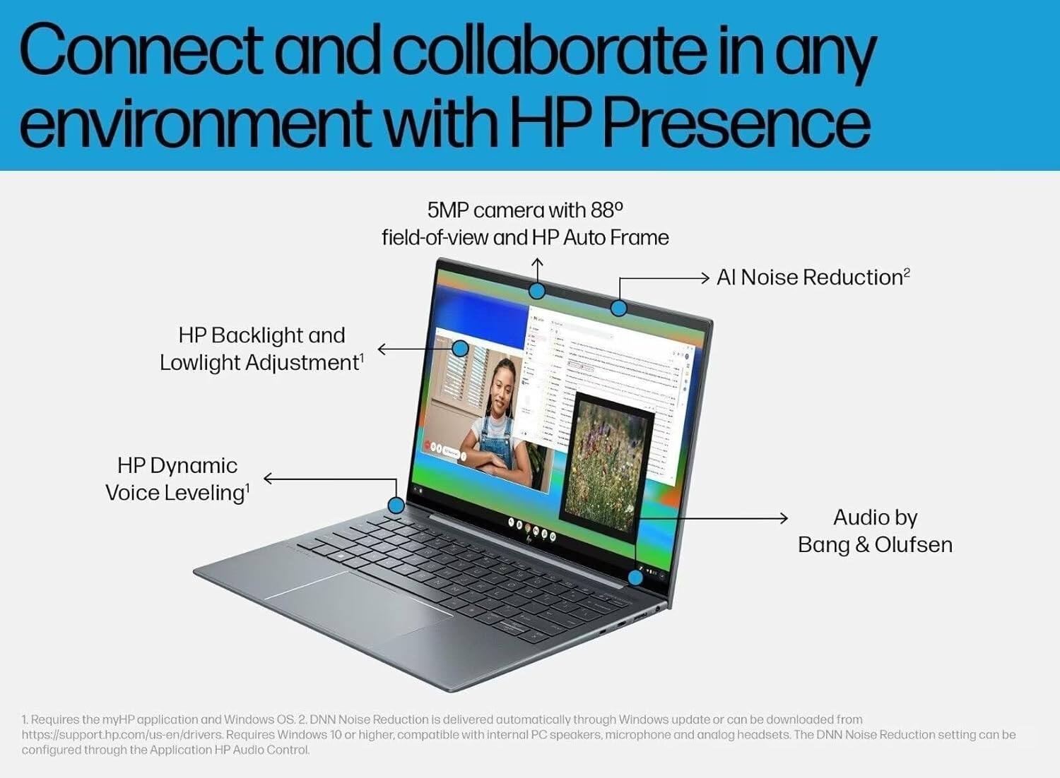 Connect and collaborate in any environment with HP Presence

- 5MP camera with 88° field-of-view and HP Auto Frame
- HP Backlight and Lowlight Adjustment
- HP Dynamic Voice Leveling
- AI Noise Reduction
- Audio by Bang & Olufsen

1. Requires the myHP application and Windows OS.
2. DNN Noise Reduction is delivered automatically through Windows update or can be downloaded from https://support.hp.com/us-en/drivers. Requires Windows 10 or higher, compatible with internal PC speakers, microphone, and analog headsets. The DNN Noise Reduction setting can be configured through the Application HP Audio Control.