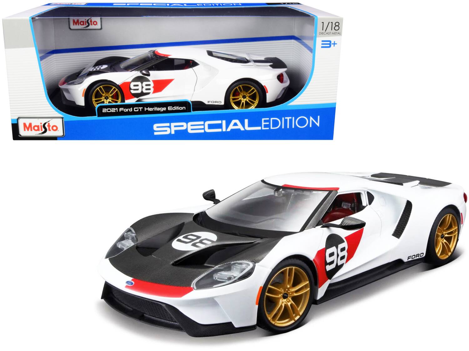 SPECIAL EDITION  
Maisto  
1/18  
DIECAST METAL  
3+  
98 FORD  
2021 Ford GT Heritage Edition  
SPECIALEDITION
