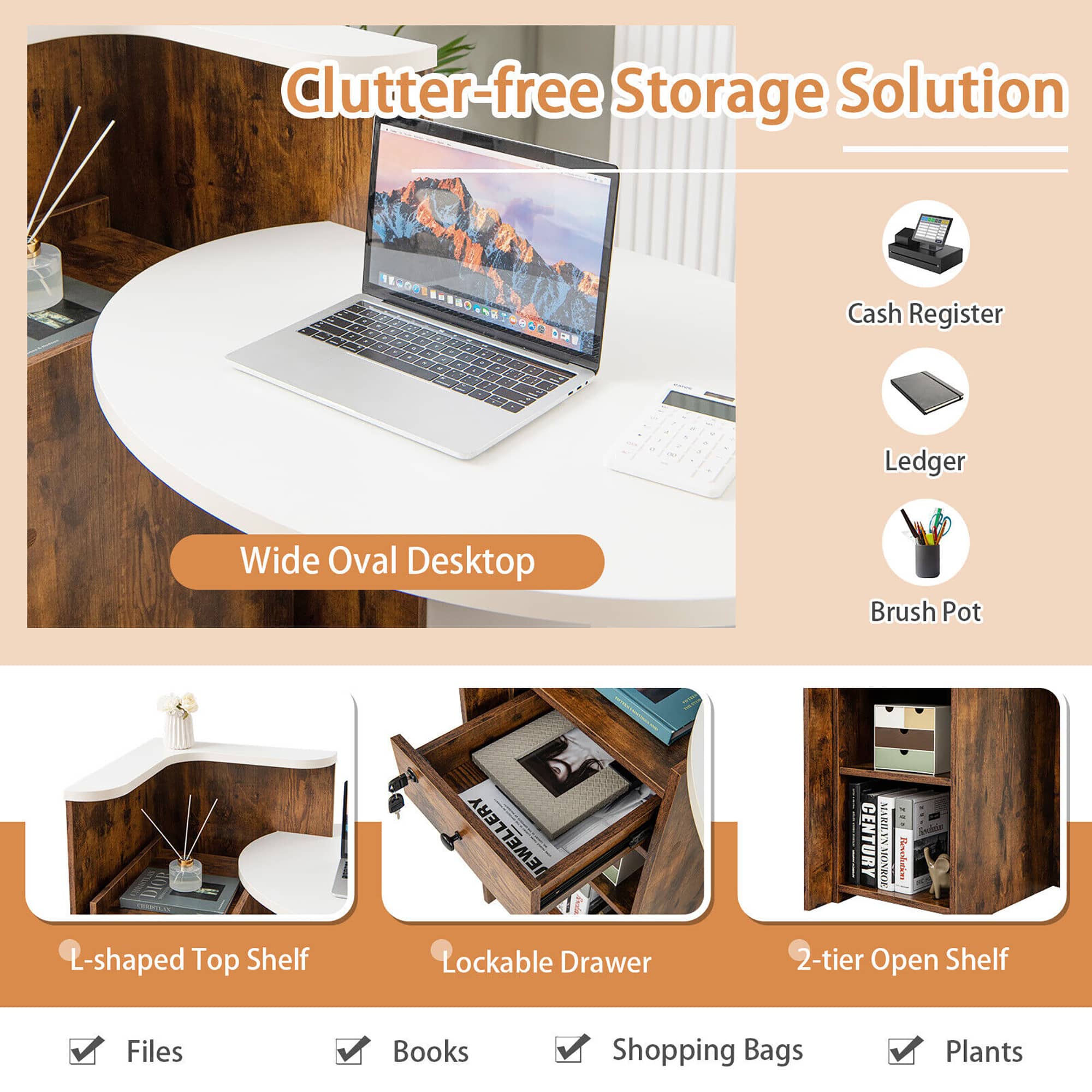 Clutter-free Storage Solution:
1. Wide Oval Desktop
2. Brush Pot
3. L-shaped Top Shelf
4. Lockable Drawer
5. 2-tier Open Shelf
6. Files
7. Books
8. Shopping Bags
9. Plants