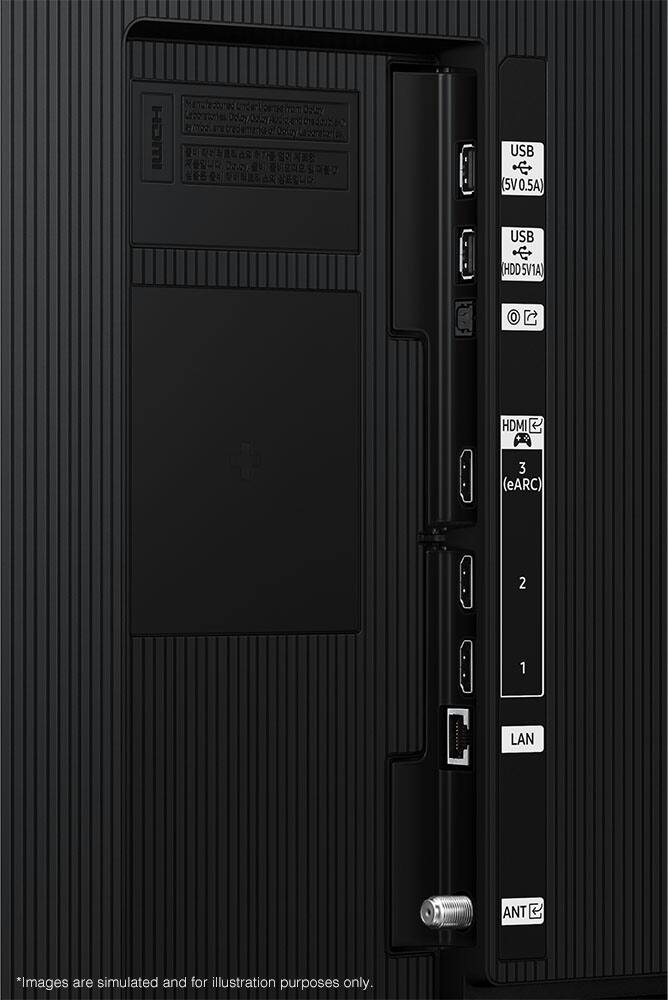 The text on the image reads: "Hami notingtotrncribe 47 Lbs 0dkr Conr Dd(5y/Dd5y (122 trecsmo Dolor oone    T    Dgibr  S     . USB (5V0.5A) USB (HDDSV1A) 0 HDMI R 3 (eARC) 2 1 I LAN ANT P *Images are simulated and for illustration purposes only."