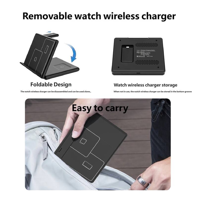 Removable watch wireless charger

Foldable Design
The watch wireless charger can be disassembled and can be used alone.

Watch wireless charger storage
When not in use, the watch wireless charger can be stored in the bottom groove

Easy to carry