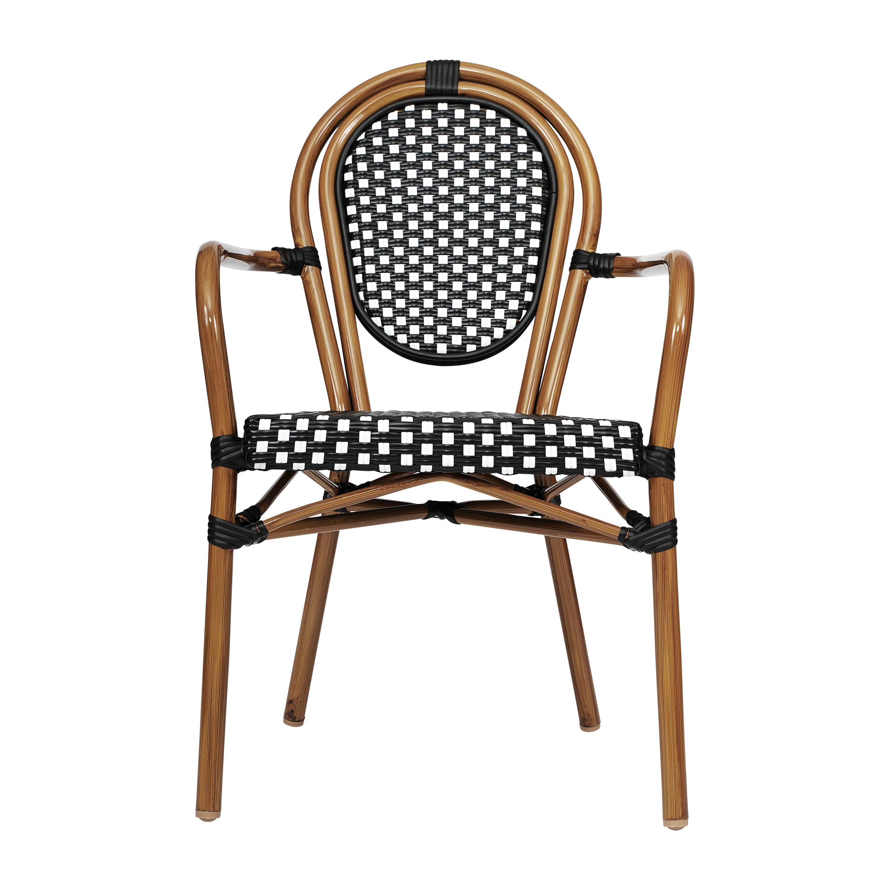 Alt View 8. Emma + Oliver - Colmar Indoor/Outdoor Stacking Thonet Bistro Style Chair with Arms, PE Rattan Seat and Finished Metal Frame - Black & White/Natural Frame.