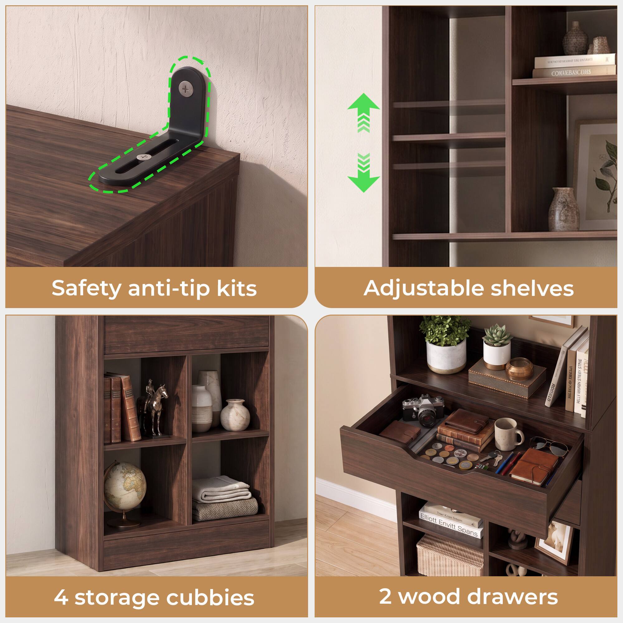 BEAU COMFORTERS

Safety anti-tip kits
Adjustable shelves
ROOKED
MIV
SITRE LOF36262.25 VIADWING WELL
ott Envitt Spans
4 storage cubbies
2 wood drawers