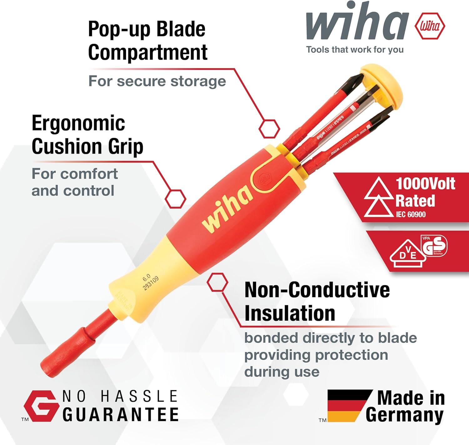 Pop-up Blade Compartment  
For secure storage  

Ergonomic Cushion Grip  
For comfort and control  

1000Volt Rated  
IEC 60900  

Non-Conductive Insulation  
bonded directly to blade providing protection during use  

NO HASSLE GUARANTEE  

Made in Germany  

wiha  
Tools that work for you