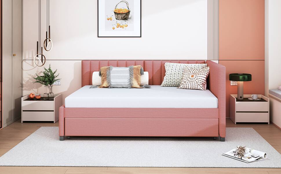Alt View 10. Tiramisubest - Full Size Upholstered Daybed with Trundle Sofa Bed Frame No Box Spring Needed, Linen Fabric(Pink) - Pink.