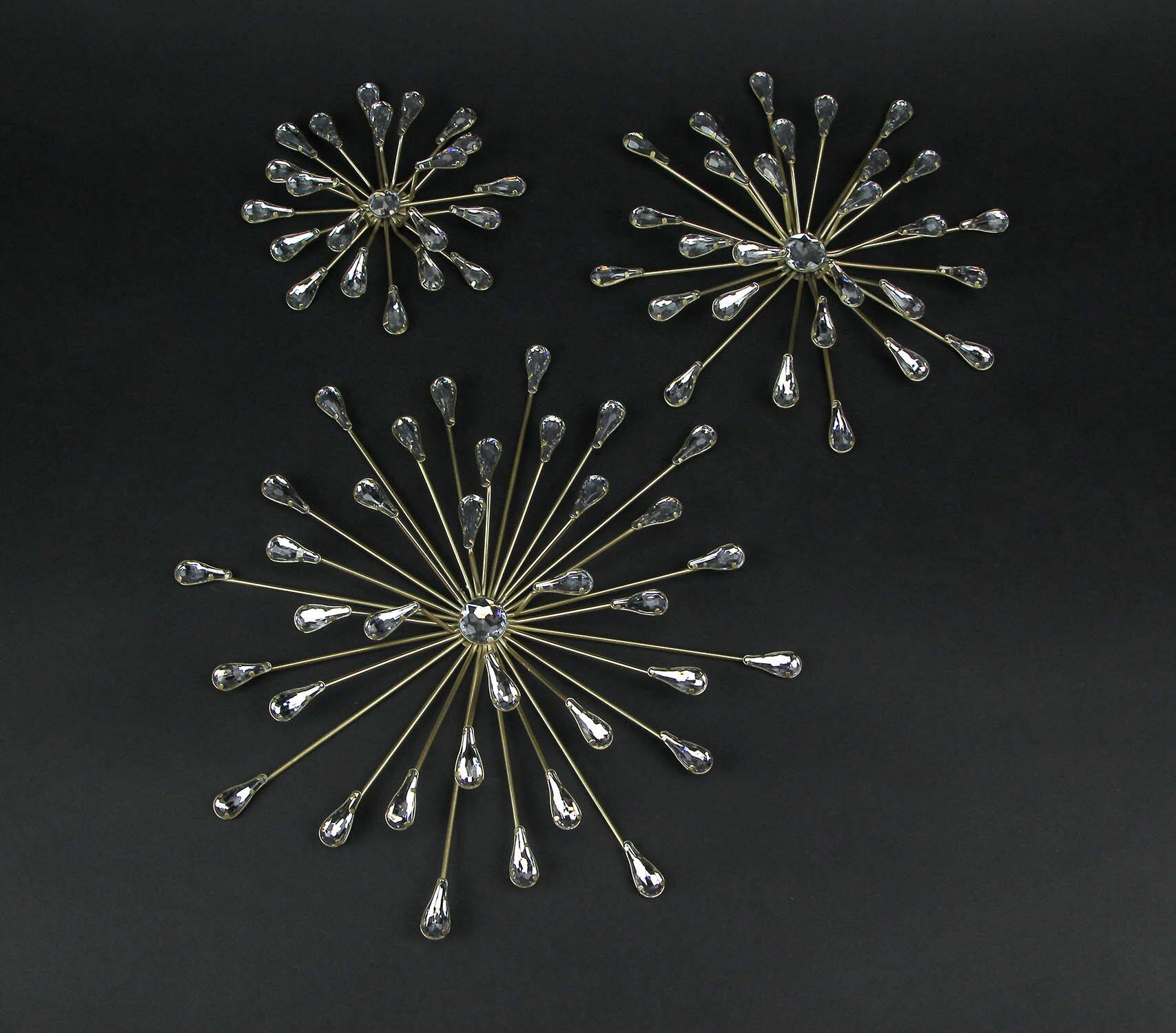 Alt View 5. Zeckos - Set of 3 Gold Tone Teardrop Starburst Rhinestone Jeweled Metal Wall Art Hangings - Gold.