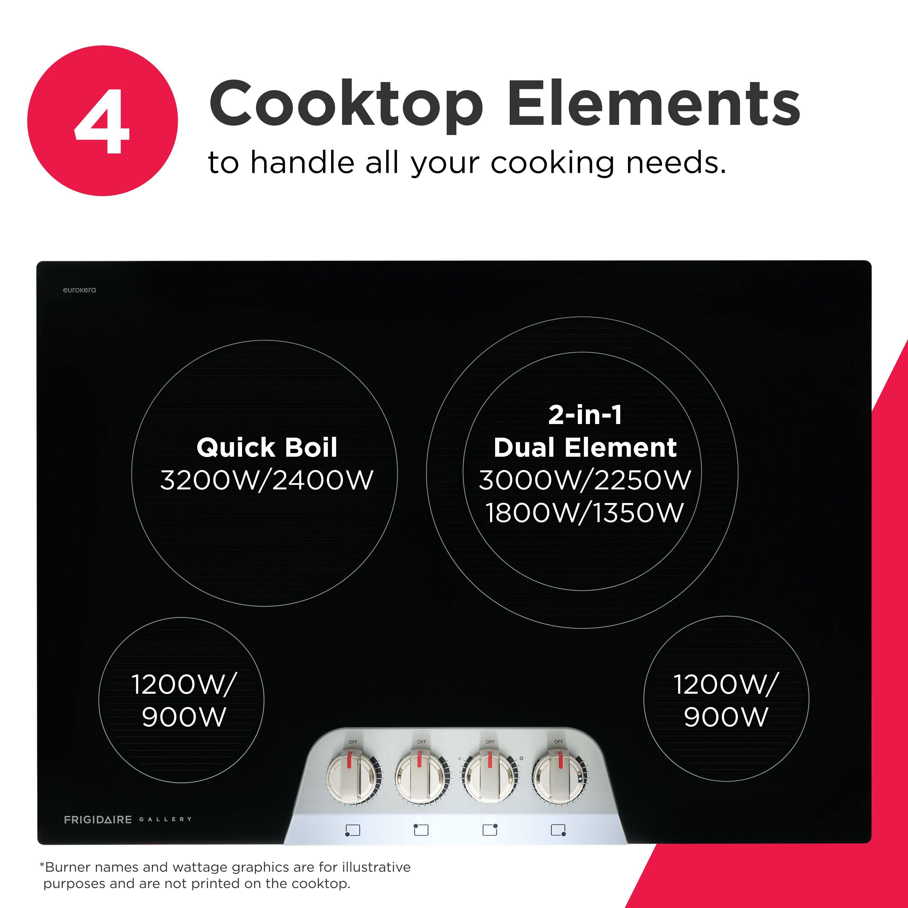 4 Cooktop Elements to handle all your cooking needs.

- Quick Boil: 3200W/2400W
- 2-in-1 Dual Element: 3000W/2250W, 1800W/1350W
- 1200W/900W
- 1200W/900W

*Burner names and wattage graphics are for illustrative purposes and are not printed on the cooktop.