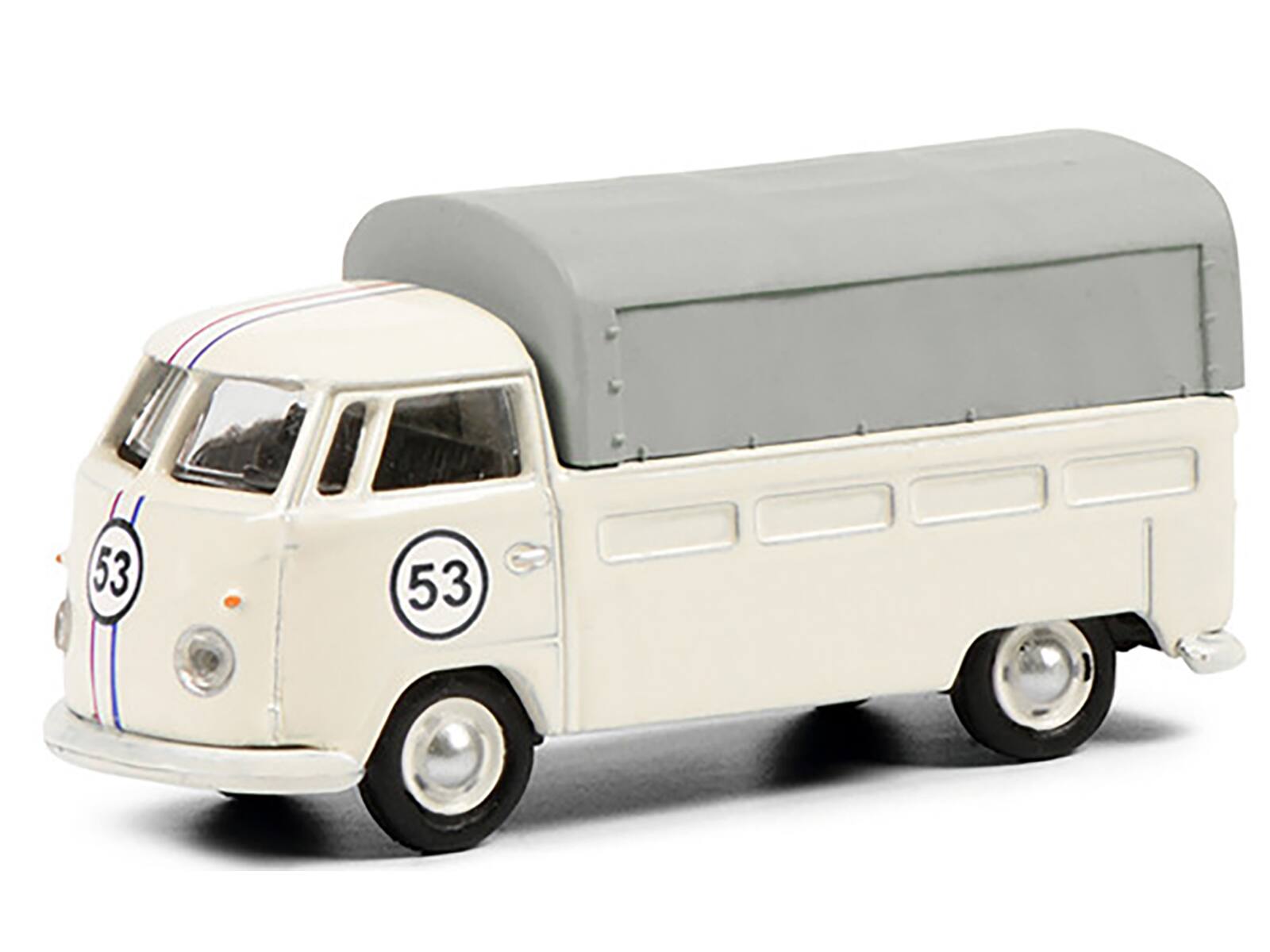 Angle. Schuco - Volkswagen T1b Pritsche Plane Pickup Truck with Canopy #53 Cream 1/87 (HO) Diecast Model by Schuco - Cream.