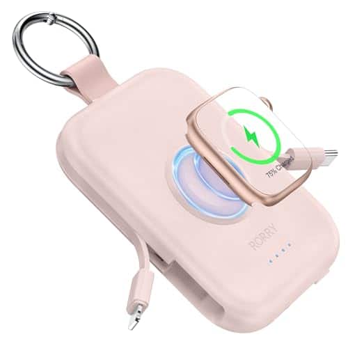 RORRY - CharmGo 5000mAh Portable Charger with Built-in Cables, Keychain Design, Compatible with Apple Watch and iPhone - Pink