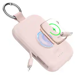 RORRY - CharmGo 5000mAh Portable Charger with Built-in Cables, Keychain Design, Compatible with Apple Watch and iPhone - Pink