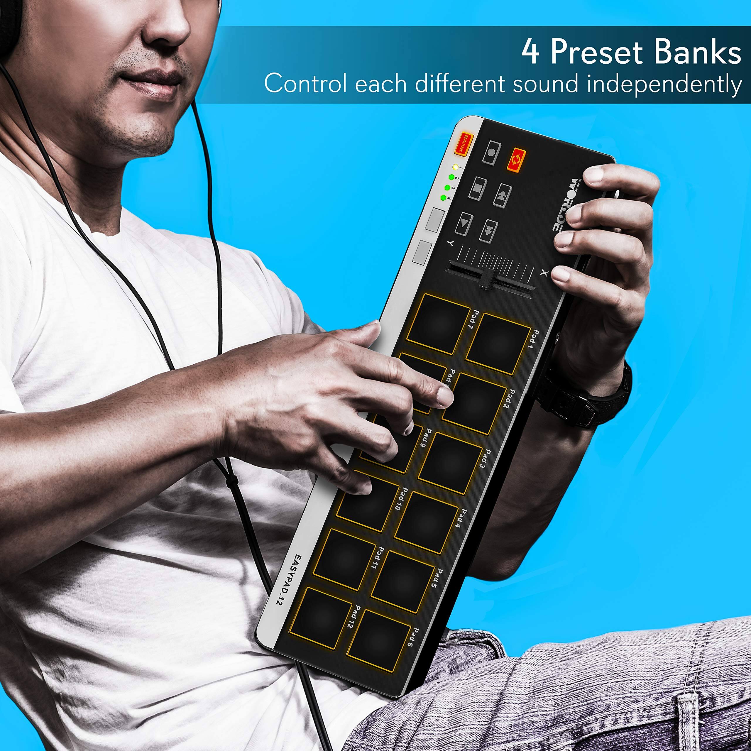 4 Preset Banks  
Control each different sound independently  

AA WORLDE  
Pad7 Pad1 12  
EABYPAD.12  
Pad Pad9 Pad10 10  
Pad4 Pad11 14  
Pad5 Pad 12 12  
Pads E Pad3 Pad2