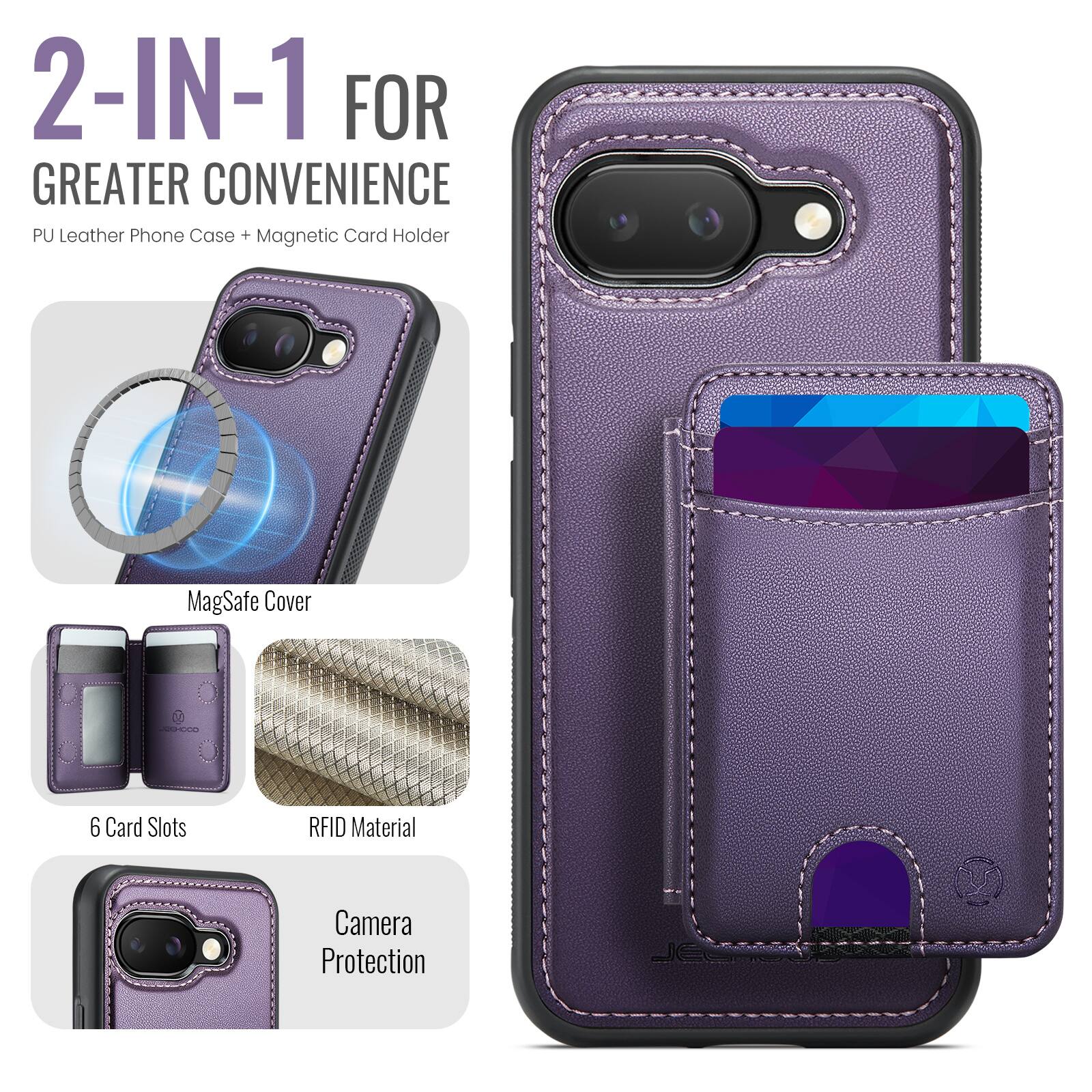 2-IN-1 FOR GREATER CONVENIENCE  
PU Leather Phone Case + Magnetic Card Holder  

- MagSafe Cover  
- 6 Card Slots  
- RFID Material  
- Camera Protection